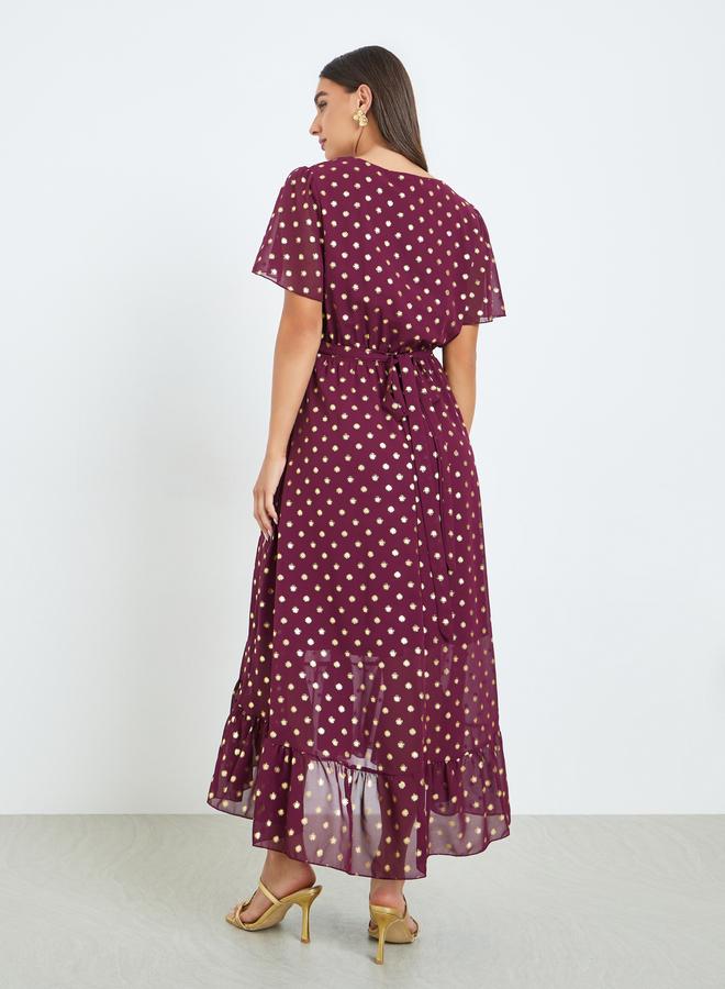 Styli Women Burgundy Polka Dot Print A-Line Maxi Dress - Image 5